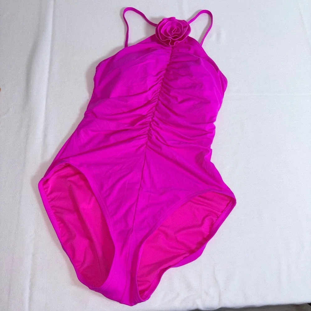 Kate Spade one Piece Swimsuit Medium snap dragon New Ruched Rosette High Neck